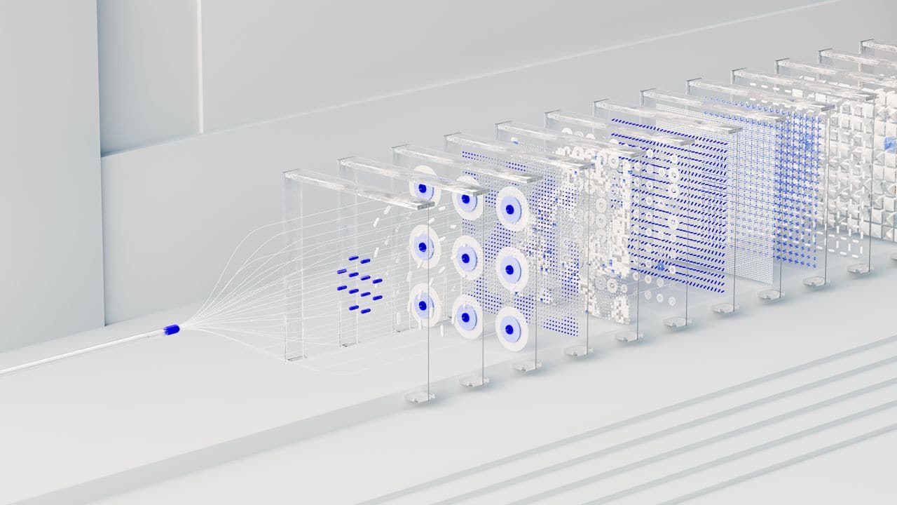 Visualisation abstraite d'un signal unique traversant une succession de couches de traitement — la chaîne d'étapes où chaque erreur se propage à la suivante.