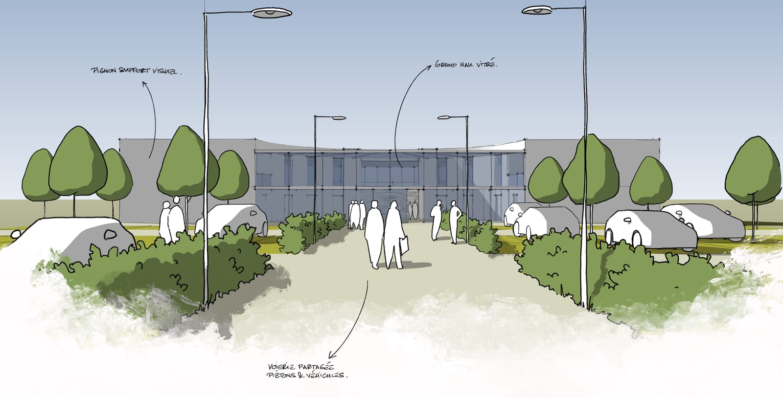 Croquis de l'entrée du campus vue depuis la voirie partagée piétons et véhicules, avec le grand hall vitré au centre.