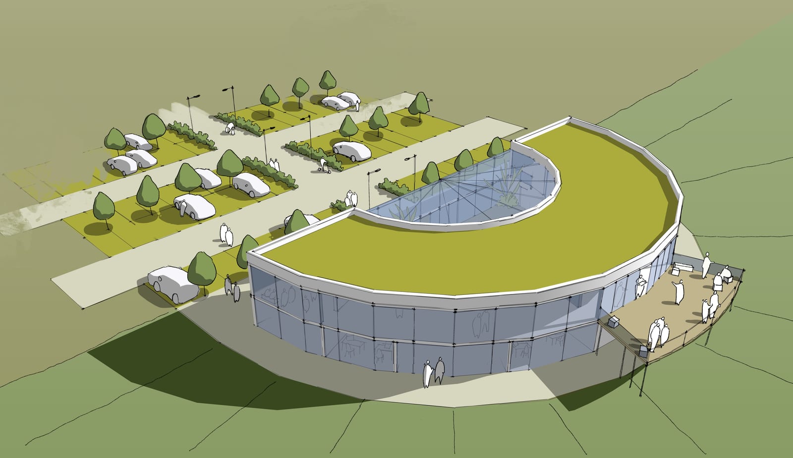 Croquis du campus technique ChallengeMyProject : bâtiment en demi-cercle à toiture végétalisée, hall vitré et parking arboré.