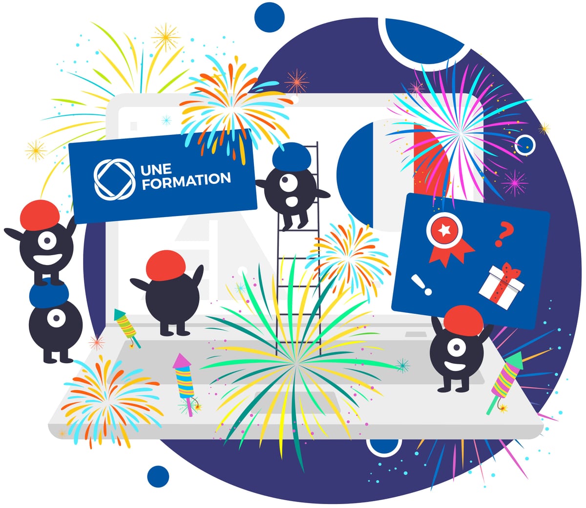 Illustration UNE FORMATION — La fête nationale (14 juillet). Feu d'artifice et cocarde tricolore.