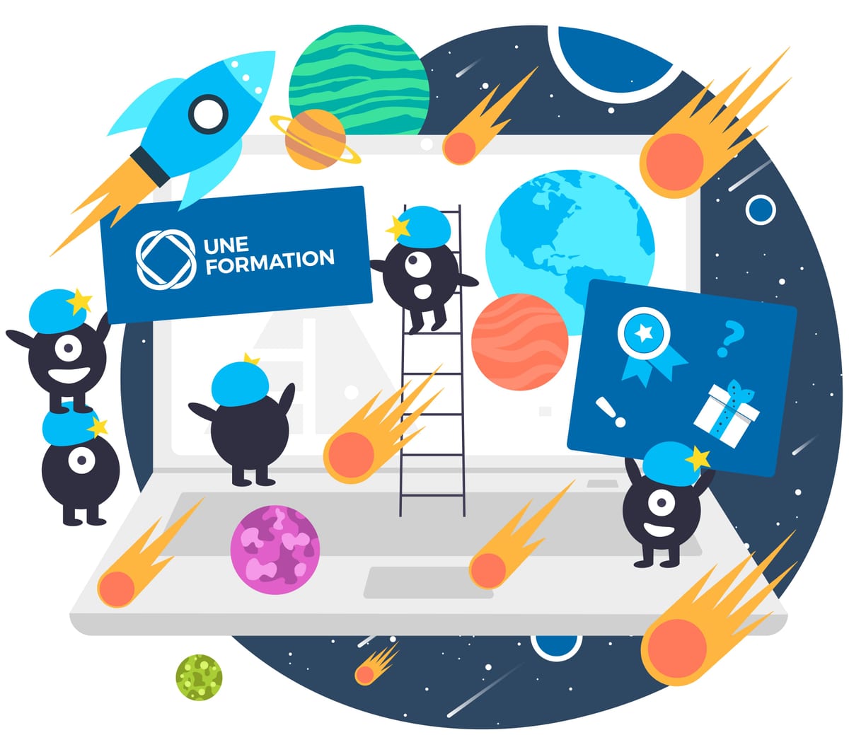 Illustration UNE FORMATION — Journée internationale des astéroïdes (30 juin). Le portable dérive dans l'espace.