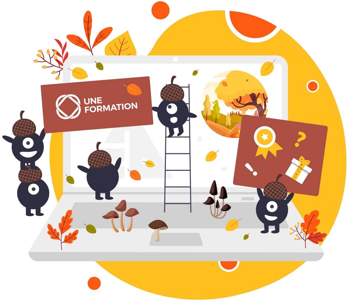 Illustration UNE FORMATION — L'automne (22 septembre). Feuilles mortes, champignons, teintes chaudes.