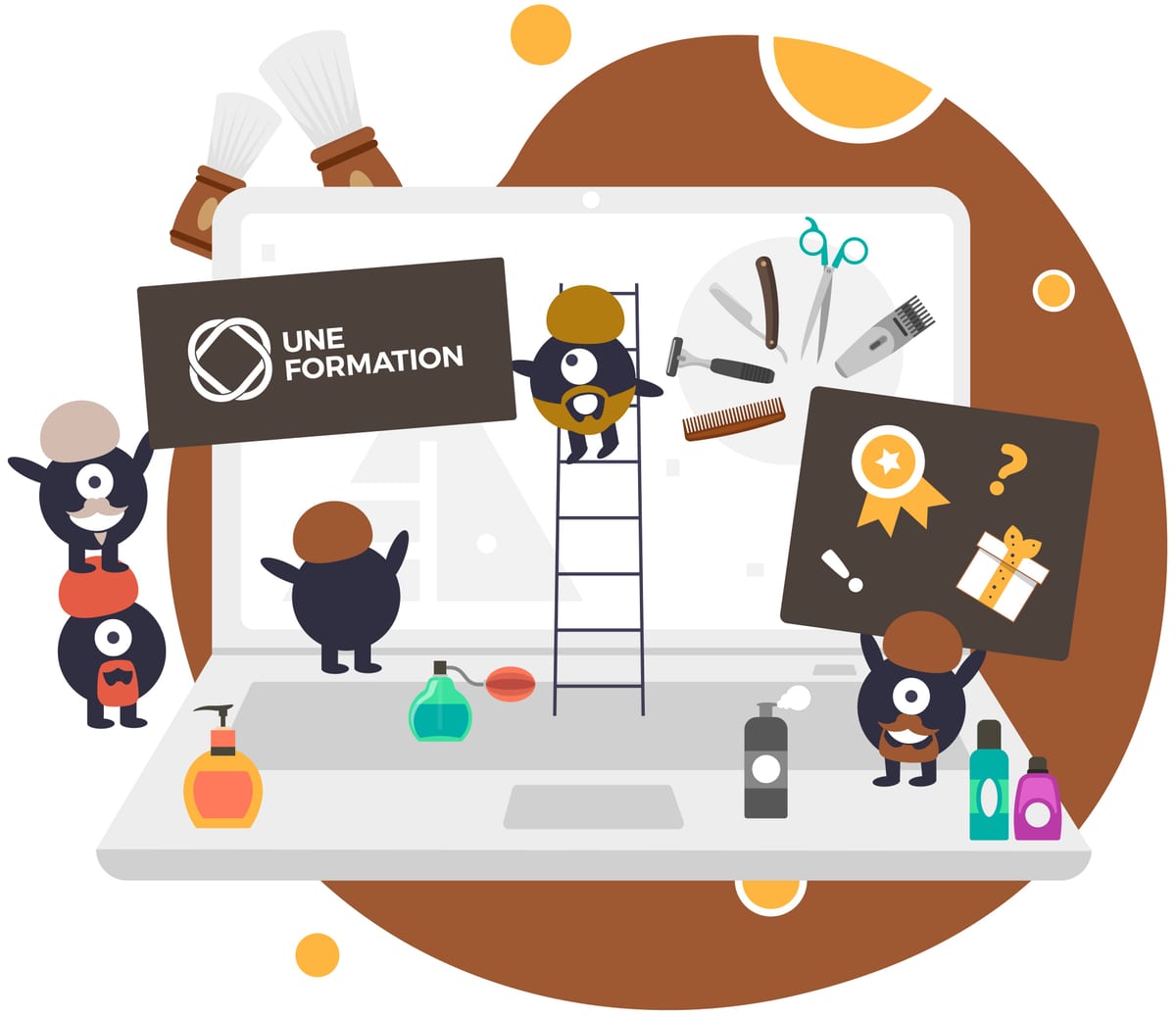Illustration UNE FORMATION — Journée mondiale de la barbe (1er septembre). Blaireaux, rasoirs, et des mascottes très poilues.