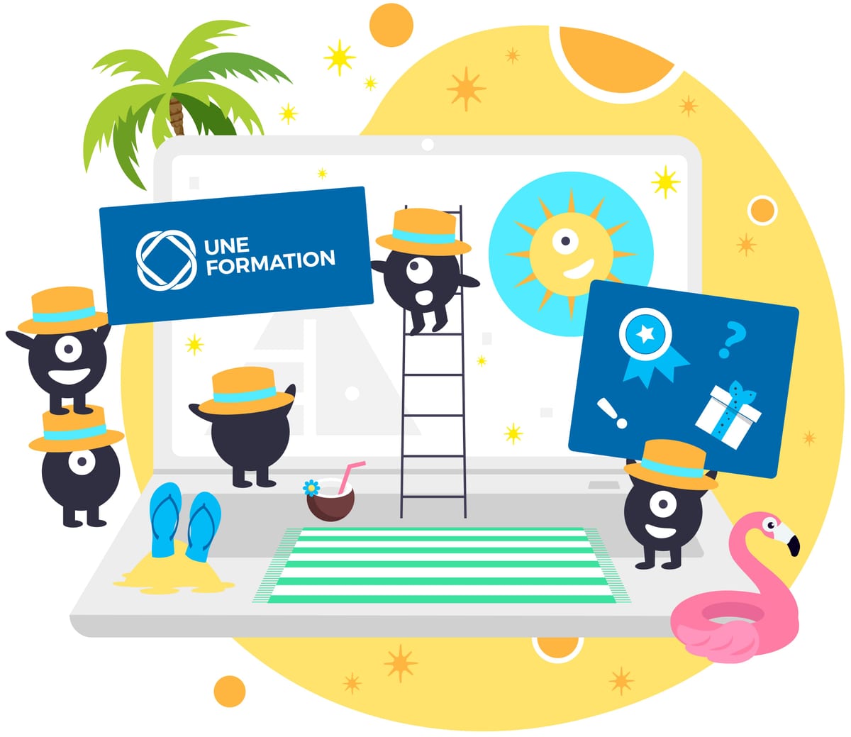 Illustration UNE FORMATION — L'été (21 juin). Soleil, glaces et lunettes noires.
