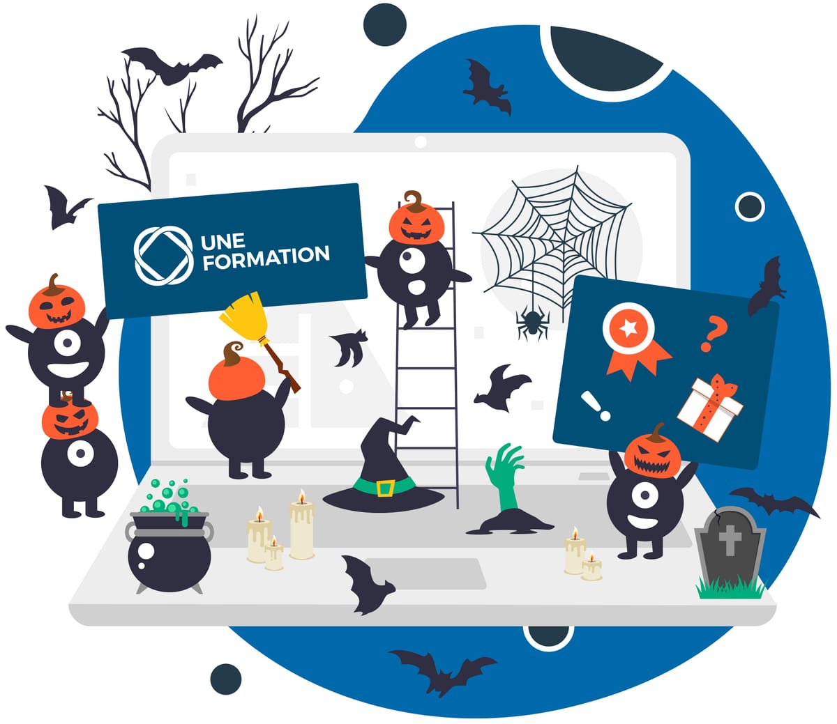 Illustration UNE FORMATION — Halloween (31 octobre). Citrouilles, chauves-souris et chaudron qui bout.