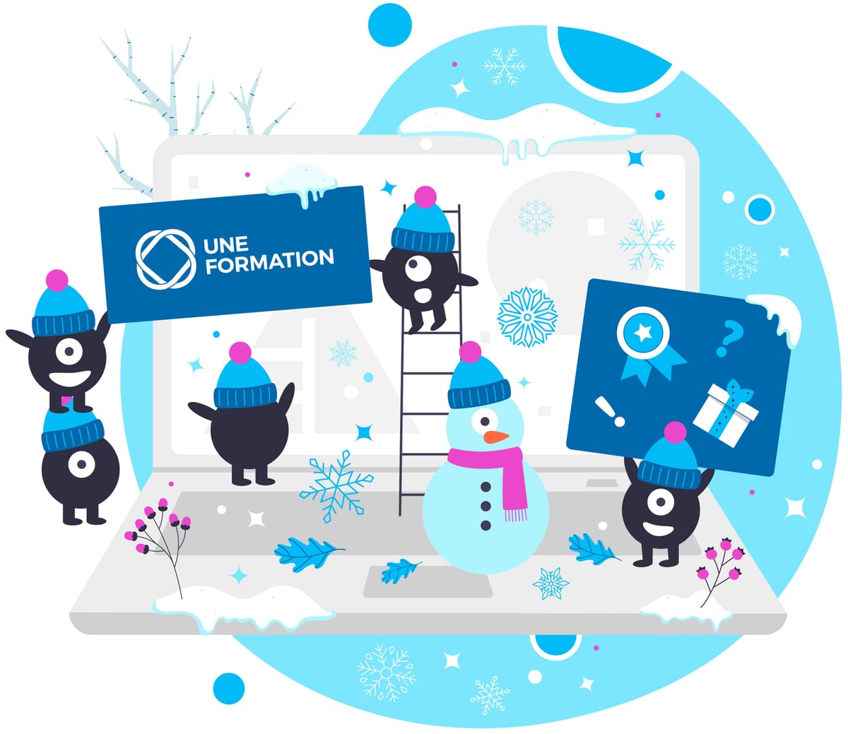 Illustration UNE FORMATION — L'hiver (21 décembre). Neige, bonnets et flocons.