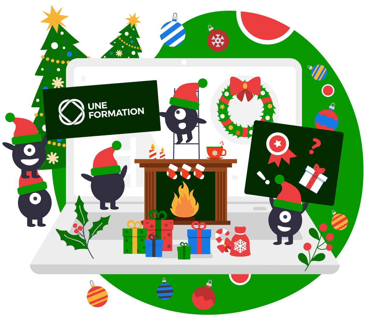 Illustration UNE FORMATION pour Noël : quatre mascottes cyclopes en bonnet de Père Noël autour d'un ordinateur portable, avec sapins, cheminée et cadeaux.