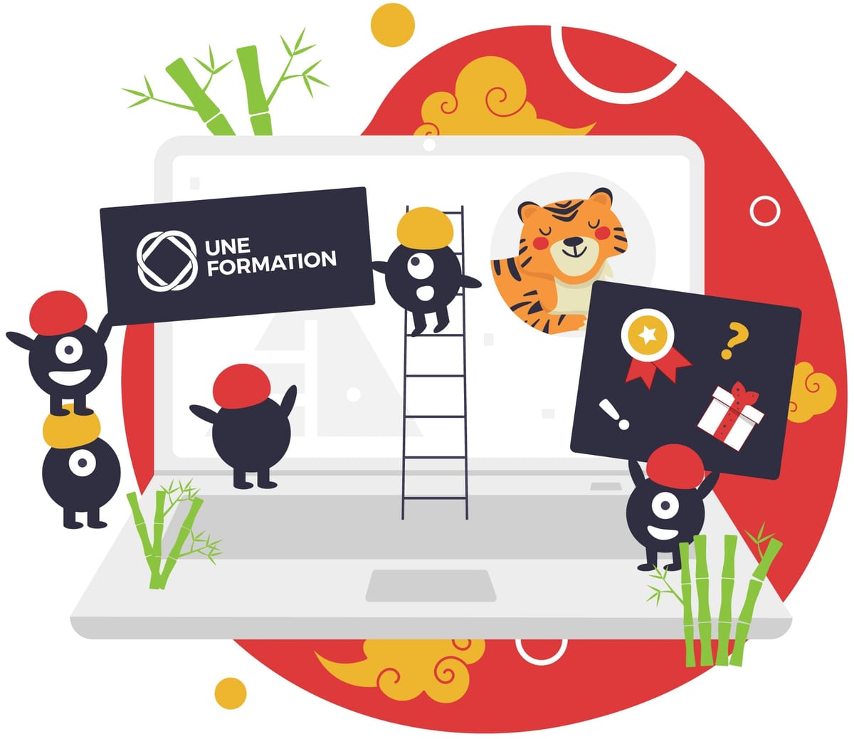 Illustration UNE FORMATION — Année du tigre (Nouvel an chinois). Tigre, bambous et rond rouge.
