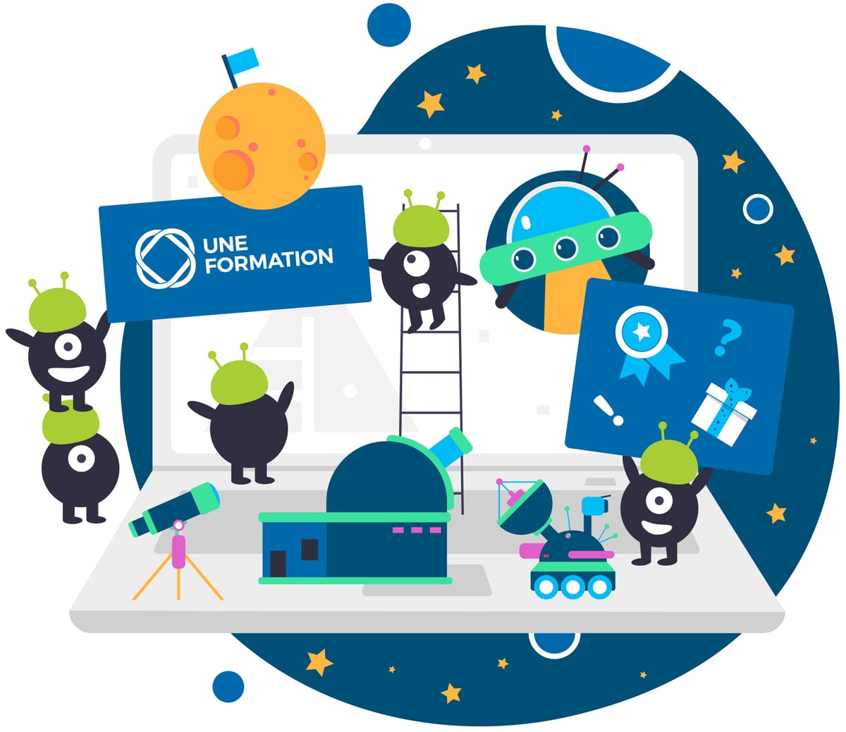 Illustration UNE FORMATION — Journée mondiale des OVNI (2 juillet). Une soucoupe enlève une mascotte.