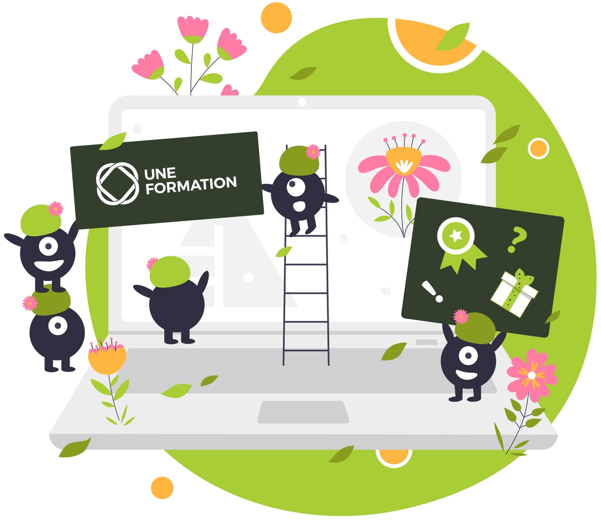 Illustration UNE FORMATION — Le printemps (20 mars). Fleurs, papillons, retour des couleurs claires.