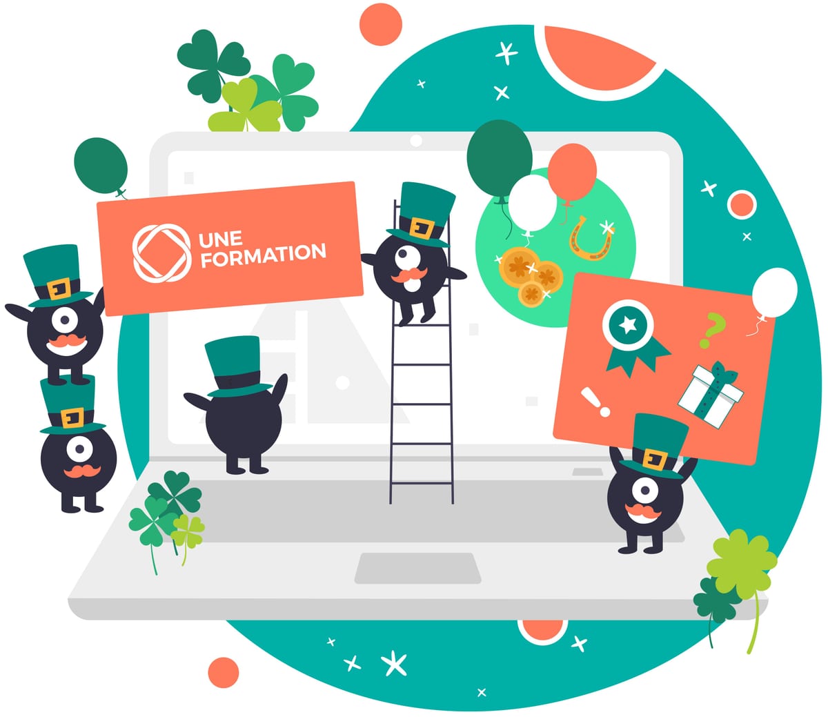 Illustration UNE FORMATION — La Saint-Patrick (17 mars). Trèfles, chapeaux verts, et tout qui vire au vert.