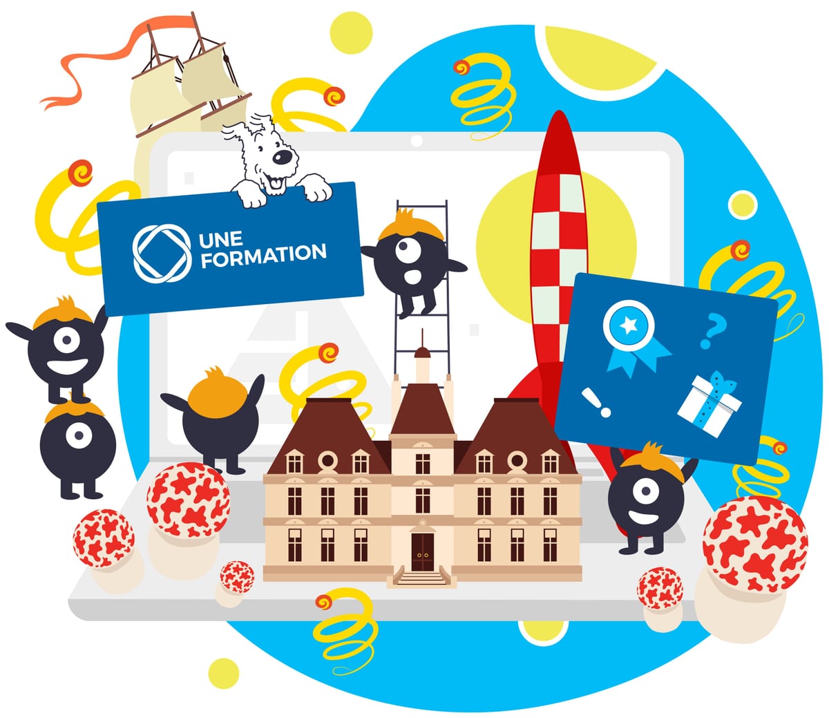 Illustration UNE FORMATION — L'anniversaire de Tintin (10 janvier). Milou, la fusée à damier et le château de Moulinsart.