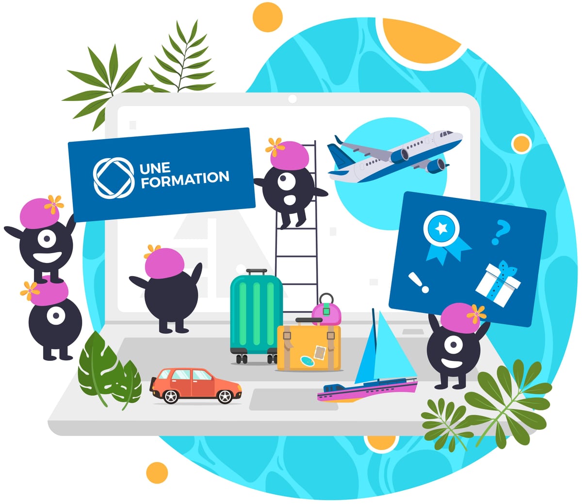 Illustration UNE FORMATION — Départ en congé (Les grandes vacances). Valises et transat : le site part en pause lui aussi.