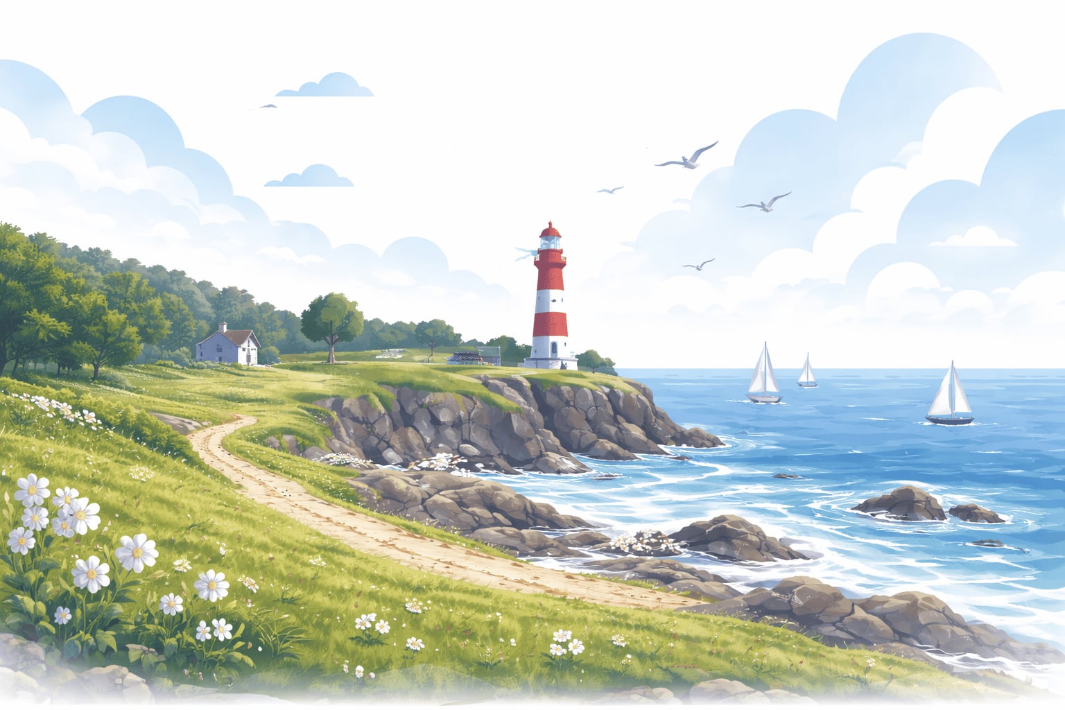 Illustration d'une côte bretonne : un phare rouge et blanc sur la lande, un sentier au bord des rochers, des voiliers au large.