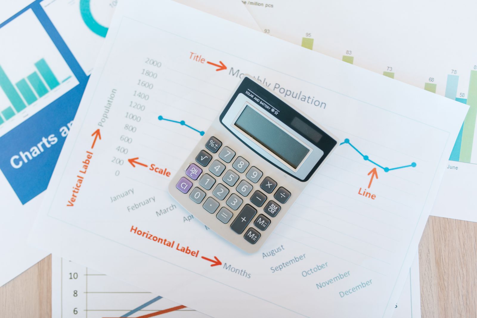 Calculatrice posée sur des tableaux financiers et des graphiques imprimés.