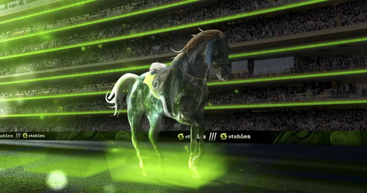 Visuel du jeu Stables : un cheval de course modélisé en 3D, translucide et vert fluorescent, lancé au galop devant les tribunes bondées d'un hippodrome dont les barrières portent le nom du jeu.