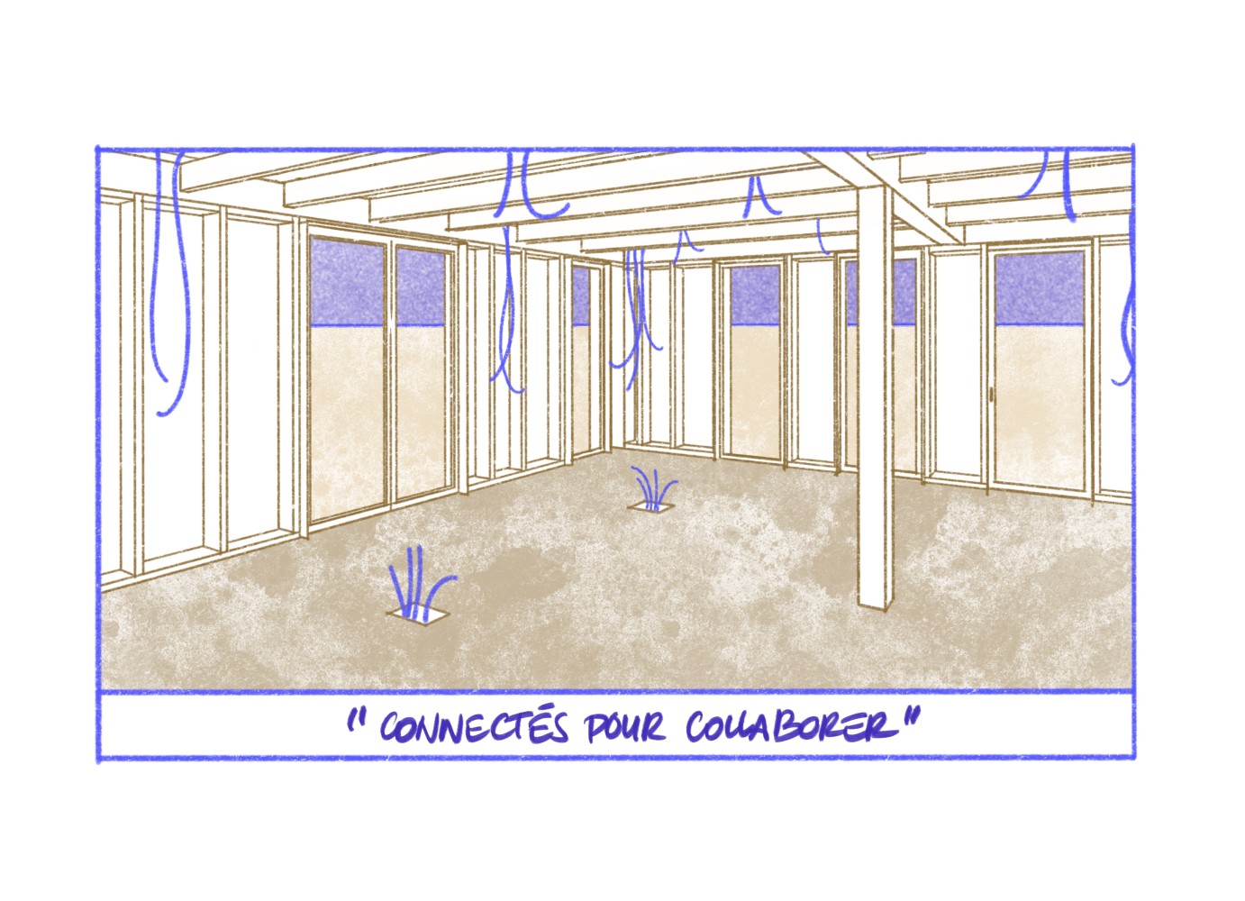 Illustration de Caroline Féret — l'espace de coworking du rez-de-chaussée en ossature bois, légendé « Connectés pour collaborer ».