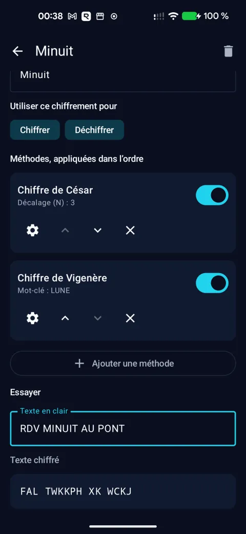 Composition du chiffrement « Minuit » : chiffre de César puis chiffre de Vigenère, avec un essai en direct.