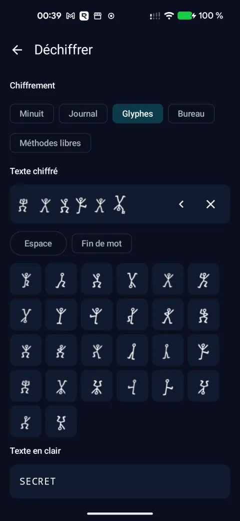Le pavé de glyphes des hommes dansants : les symboles recopiés se déchiffrent en « SECRET ».