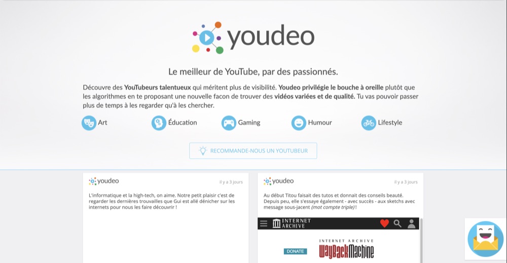 Aperçu du site Youdeo — recommandation de YouTubeurs